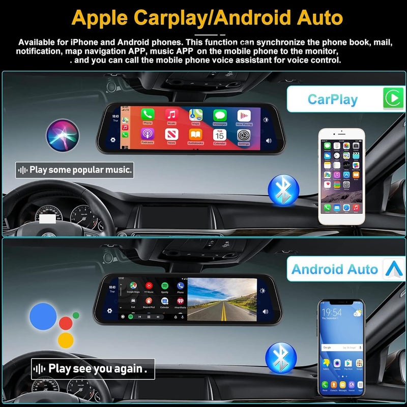 SIXTOP Mirror Dash Cam Front and Rear Camera with Apple Carplay/Android Auto 9.66 inch Mirror Backup Camera for Cars&Trucks Driving Recorder Voice Control 24-Hour Parking Monitoring Waterproof Night Vision - Image 4
